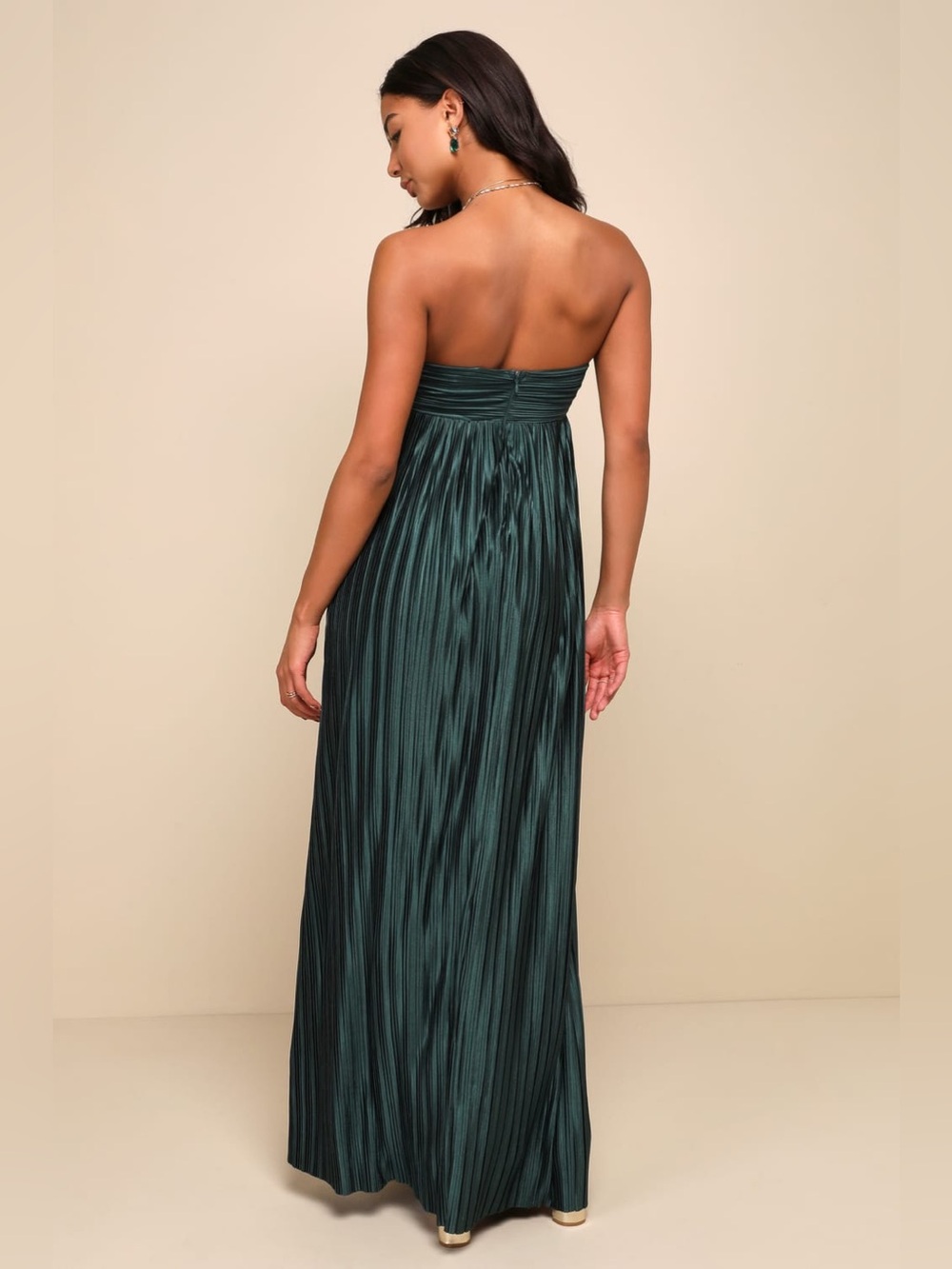 Lulus Whimsical Beauty Emerald Green Satin Plisse Strapless Maxi Dress NEW Large - Picture 2 of 4